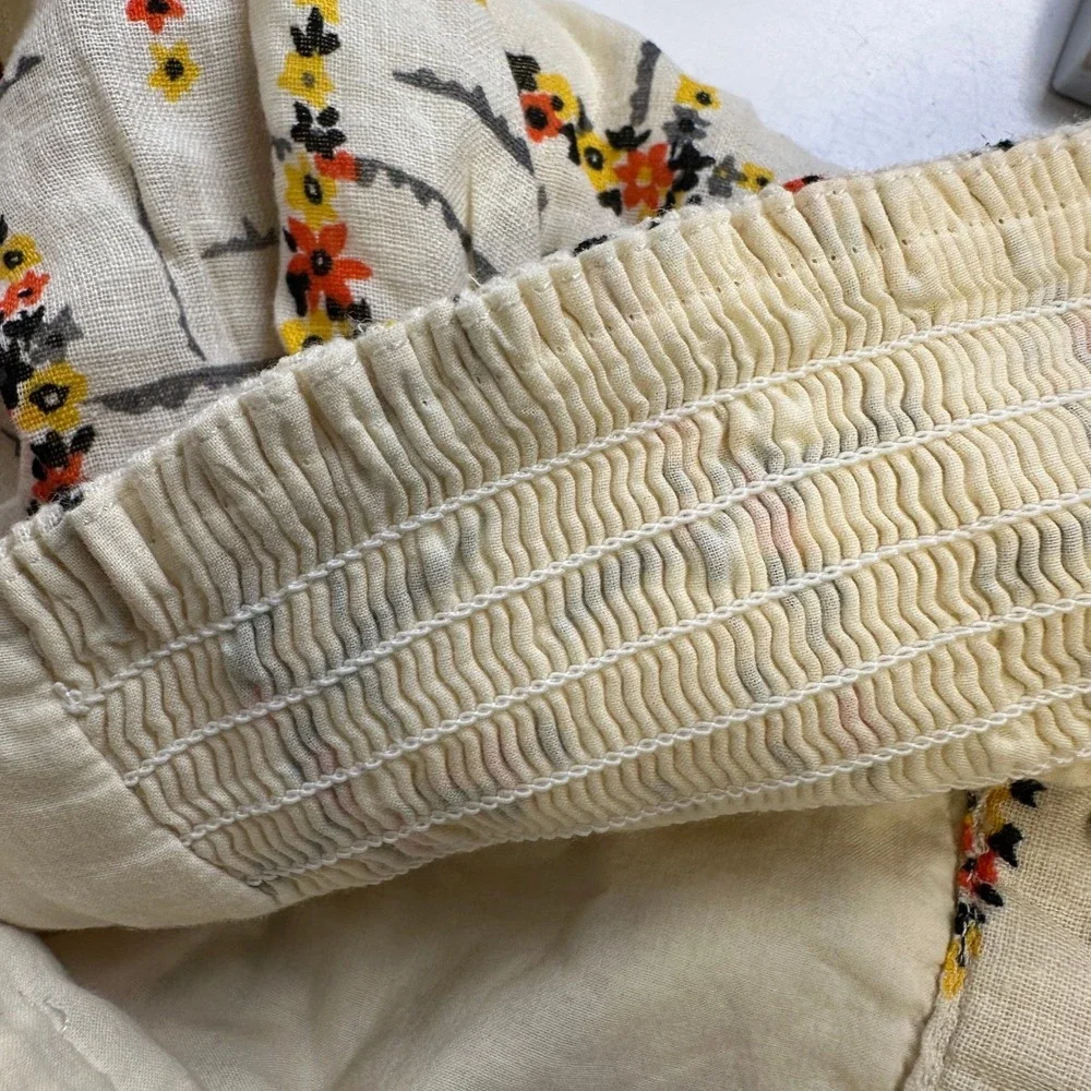 Free‎ People Floral Linen Cotton Button Front Mini Skirt Ivory Women's Size S